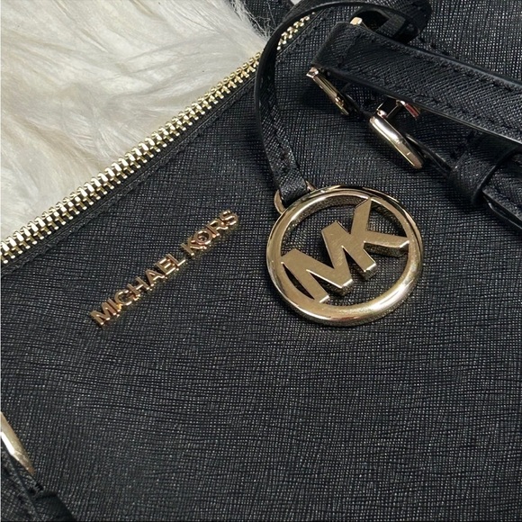 Michael Kors Black Gold Charlotte Ciara Large Zip Tote Shoulder Bag Purse - Picture 12 of 12